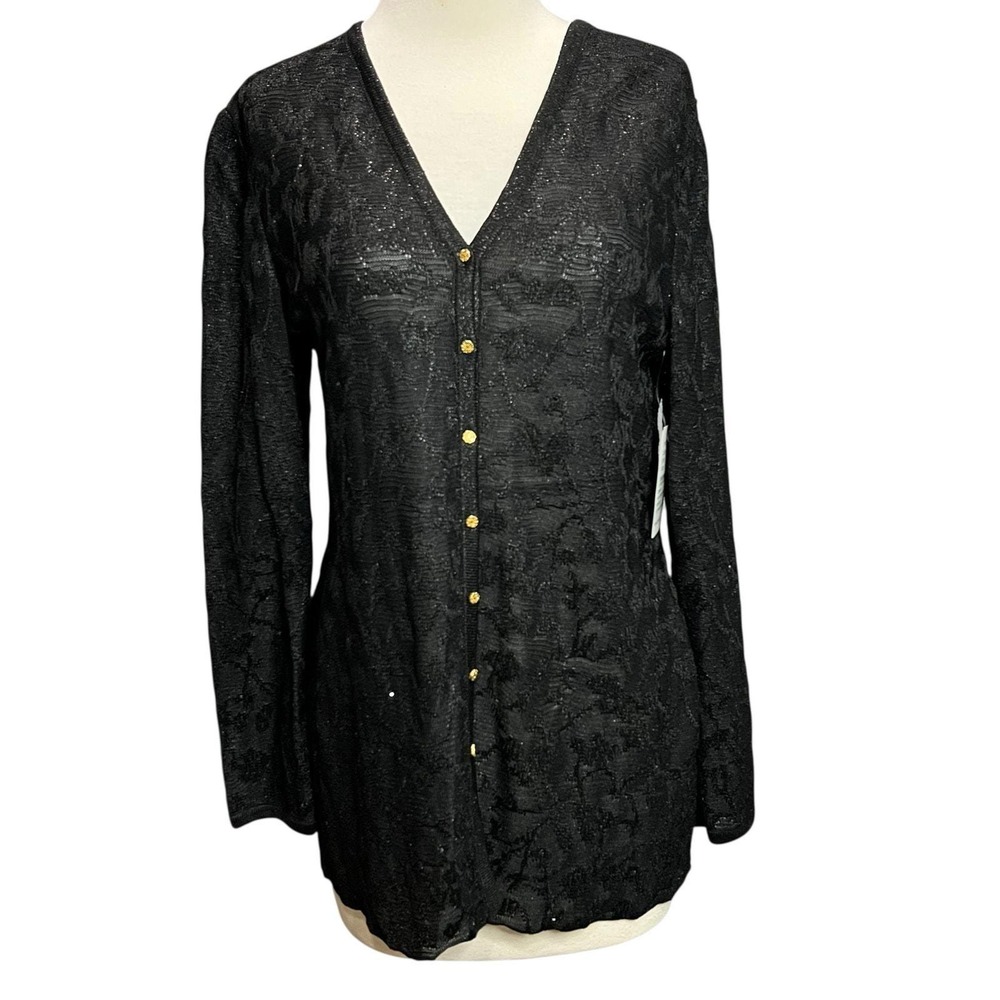 St. John Evening Cardigan Black Sparkly Metallic Knit Sweater Quiet Luxury 2 NEW